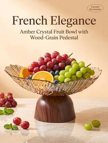 1pc High-Foot Decorative Glass Fruit Bowl With Waterproof Walnut Wood Base, Large Capacity, Scratch-Resistant And Easy To Clean, Suitable For Coffee Table, Wedding, Ramadan Iftar And Housewarming Gift - View 16