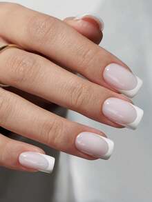 24 Peças Pontas de Unhas para Manicure Francesa, Adesivos de Unhas Quadradas Curtas com Borda Francesa Branca Leitosa, Unhas Postiças de Gel Macio, Extensões de Unhas Acrílicas Removíveis por Imersão - Multicolorido - Visão 3
