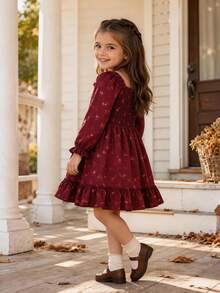 Young Girl Girls Elegant Long Sleeve Dress, Burgundy Ditsy Floral Print Ruffle Hem Party Dress, Autumn Fall Birthday, For 4-8 Years - Red - View 4
