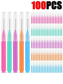 100/50/30/20/10pcs Orthodontic Interdental Brushes Stainless Steel Braces Toothbrush Plastic Toothpicks Push-Pull Cleaning Toothbrush Random Color - Multicolor - View 9