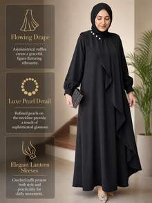 Fashionable Vintage Solid Color Traditional Arabic Loose Long Robe Dress Black Fall - Black - View 6