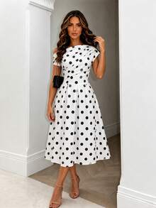 ChicMe Women Polka Dot Skew Neck Midi A Line Dress Retro Pleated Waist Pocket Sundress Elegant Date Party Wear - White - View 6