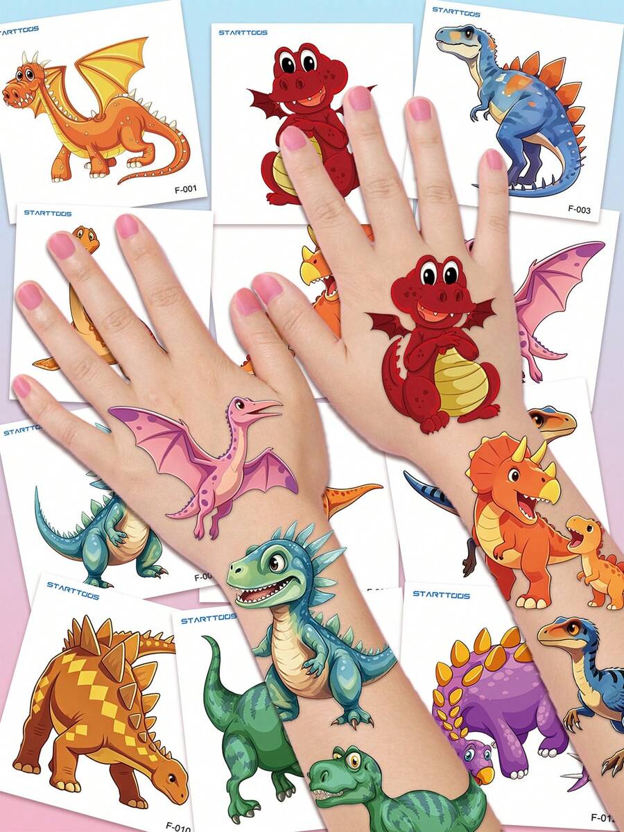 STARTTOOS 12 Buah Stiker Tato Sementara Motif Kombinasi Dinosaurus Kecil Lucu Kartun Triceratops Pterosaurus Tyrannosaurus Plesiosaurus, Cocok untuk Pesta Ulang Tahun Anak-anak, Hadiah Natal, Aktivitas Liburan, Stiker Tato Tahan Air dan Realistis - MultiWarna - View 1