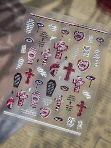 萬聖節血腥眼球棺材經文文字傷口十字架復古蕾絲恐怖感黏貼式美甲飾品貼紙美甲貼花 - 彩色 - 查看 10
