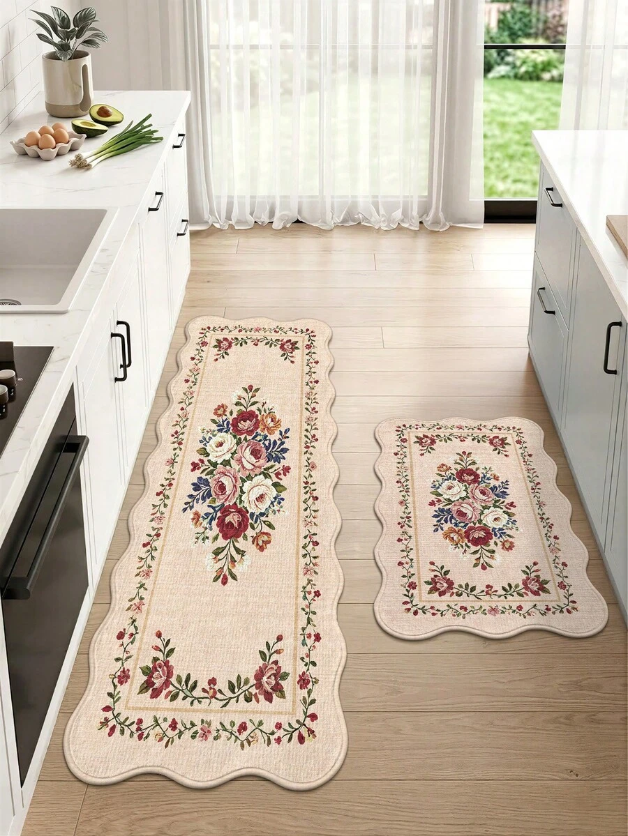 DAJIANG 1pc Red Rose Wavy Scalloped Edge Long Runner Rug, Suitable For Bathroom, Kitchen, Outdoor, Hallway, Bedroom, Living Room, Machine Washable Easy To Clean Non-Slip Entry Mat, Bedroom Decor Carpet Accessory