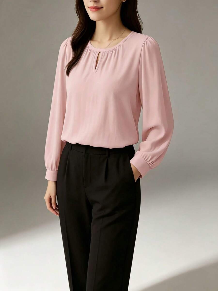 Spring/Autumn Fashion Women's Round Neck Long Sleeve Top Solid Color Elegant OL Commuter Shirt Pink - Pink - View 1