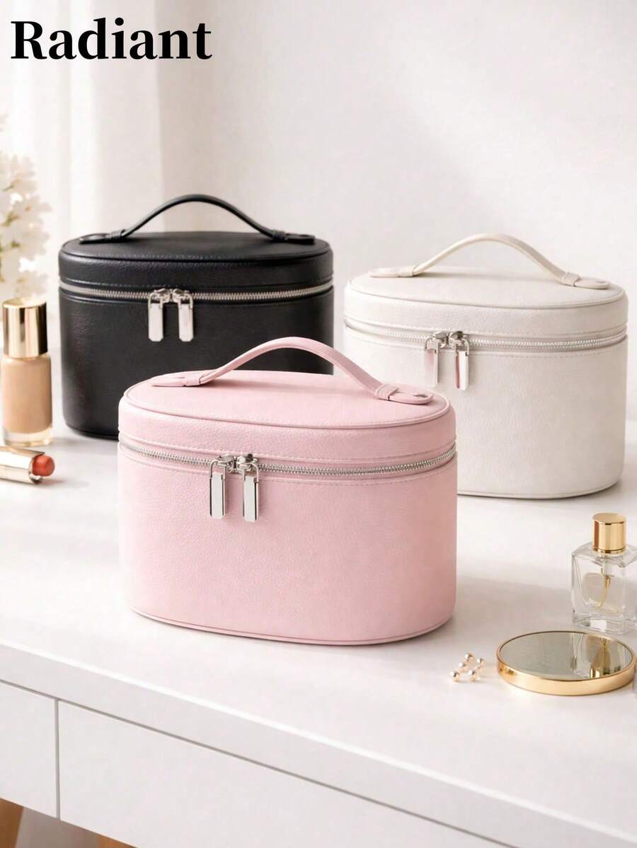 PU Leather Travel Makeup Bag With Handle, Large Capacity Cosmetic Storage Bag For Toiletries, Skincare And Beauty Essentials - Multicolor - View 1