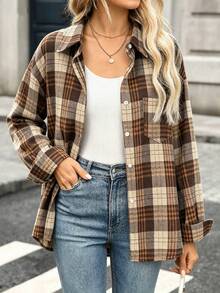 Women's Autumn/Winter Brushed Plaid Button-Front Pocket Casual Shirt - Mocha Brown - View 3