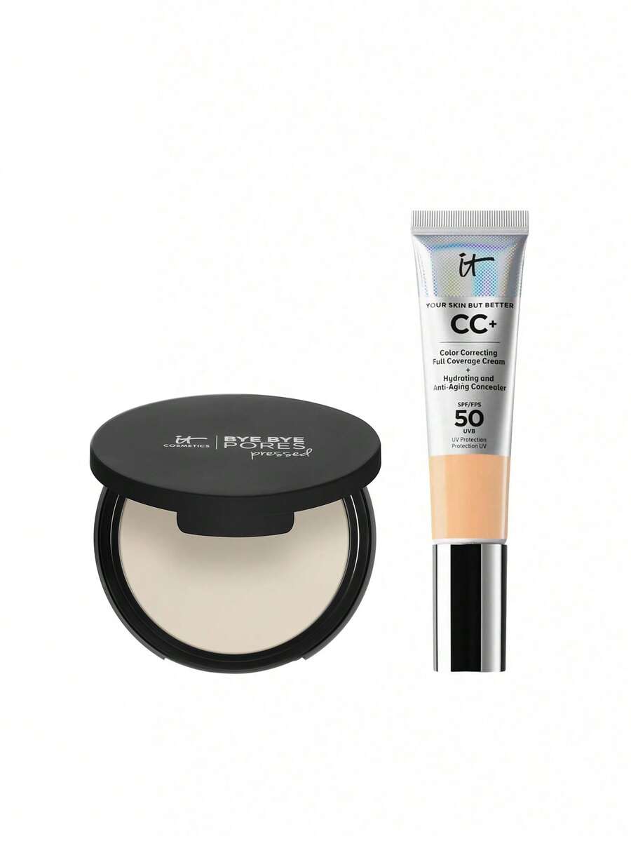 IT Cosmetics [Bundle] Bye Bye Pores Pressed Setting Powder Translucent 9 G + CC+ Cream Full-Coverage Foundation SPF50 Neutral Medium 32 Ml - Translucent+Neutral Medium - View 1