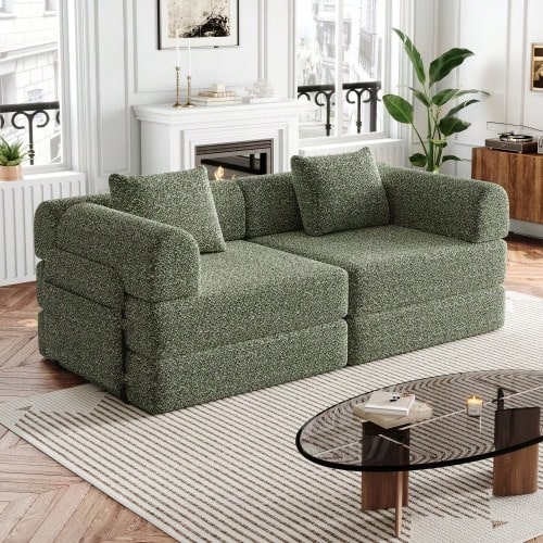 [Patented Design] 2-In-1 Chenille Sofa Bed With Storage Compartment In The Armrest, Three Metal Frames, And Multiple Configuration Options. - 綠色 - 查看 1