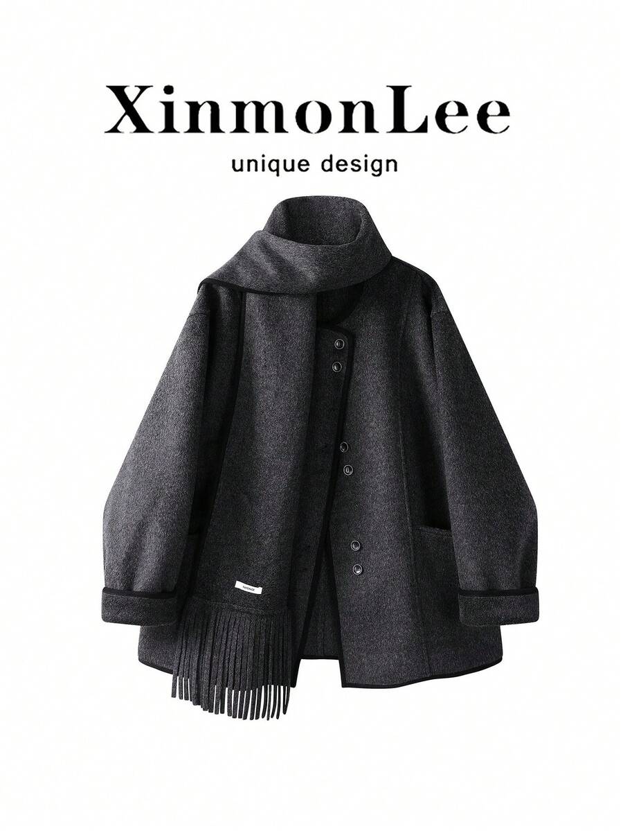 Premium Vintage Loose Wool Blend Button Coat For Evening Dates, Travel And Daily Wear In Spring And Autumn - Dark Grey - View 1