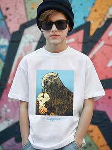 Boys Graphic T-Shirt With Capybara Print And Text, Short Sleeve Crew Neck Top - White - View 3