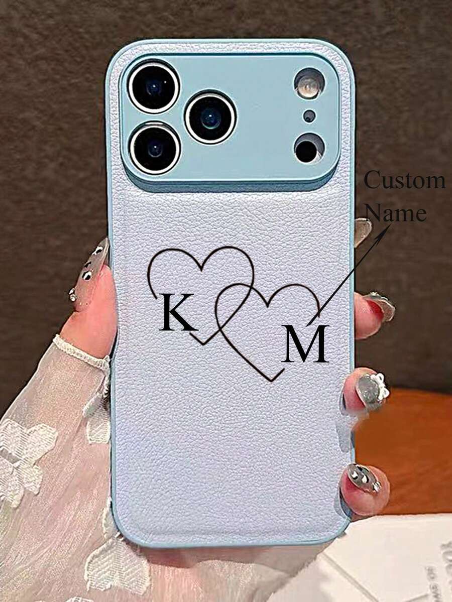 Casing Ponsel Kulit Sintetis Mewah Motif Hati dengan Nama dan Desain DIY yang Dipersonalisasi, Kompatibel dengan iPhone 17 16 15 14 13 Pro Max Plus, Pelindung Belakang Anti Guncangan, Casing Bantalan, Hadiah untuk Pasangan - Baby Blue - View 1
