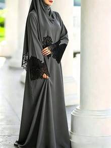 優雅長款 Abaya 外袍，黑色對比蕾絲飾邊，長袖圓領，端莊落地長裙，適合正式場合，秋季穿著 - 灰色 - 查看 5