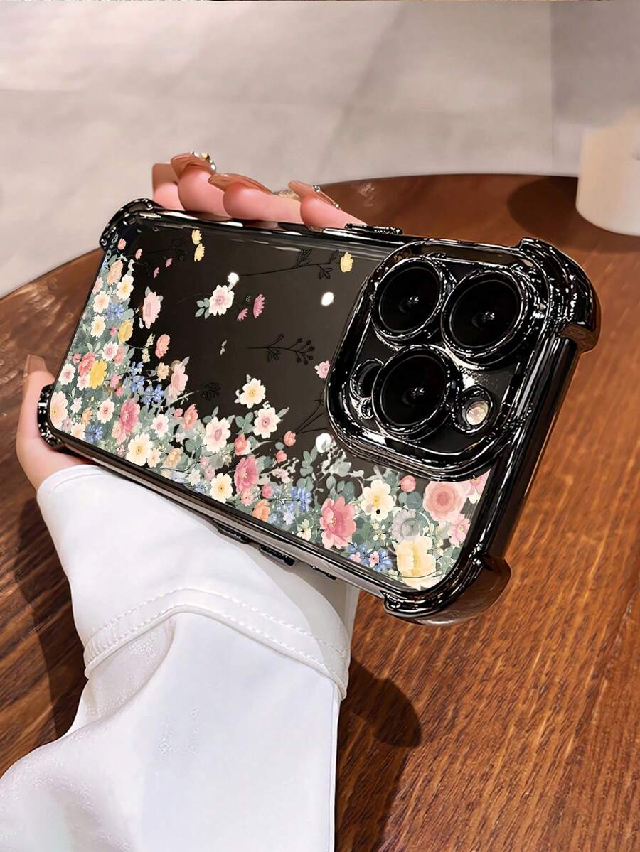 1件裝黑色電鍍護角手機殼,透明軟 TPU 全包覆設計,花卉圖案,相容 iPhone 17 Pro、16 Pro、15、14、13、12 與 11,極簡時尚防震軟殼,創意獨特,適合個人使用或作為禮物,適用所有手機顏色 - 黑色 - 查看 1