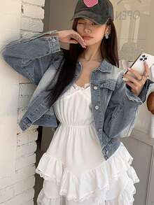 Jaket Pendek Denim Baru Longgar Gaya Vintage Elegan Atasan Kasual Wanita - Biru - View 1