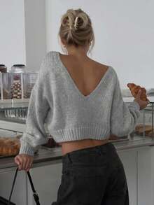 Women Deep V Back Long Sleeve Cropped Knit Sweater Drop Shoulder Ribbed Hem Loose Fit Backless Crop Jumper Casual Pullover - Grey - View 4