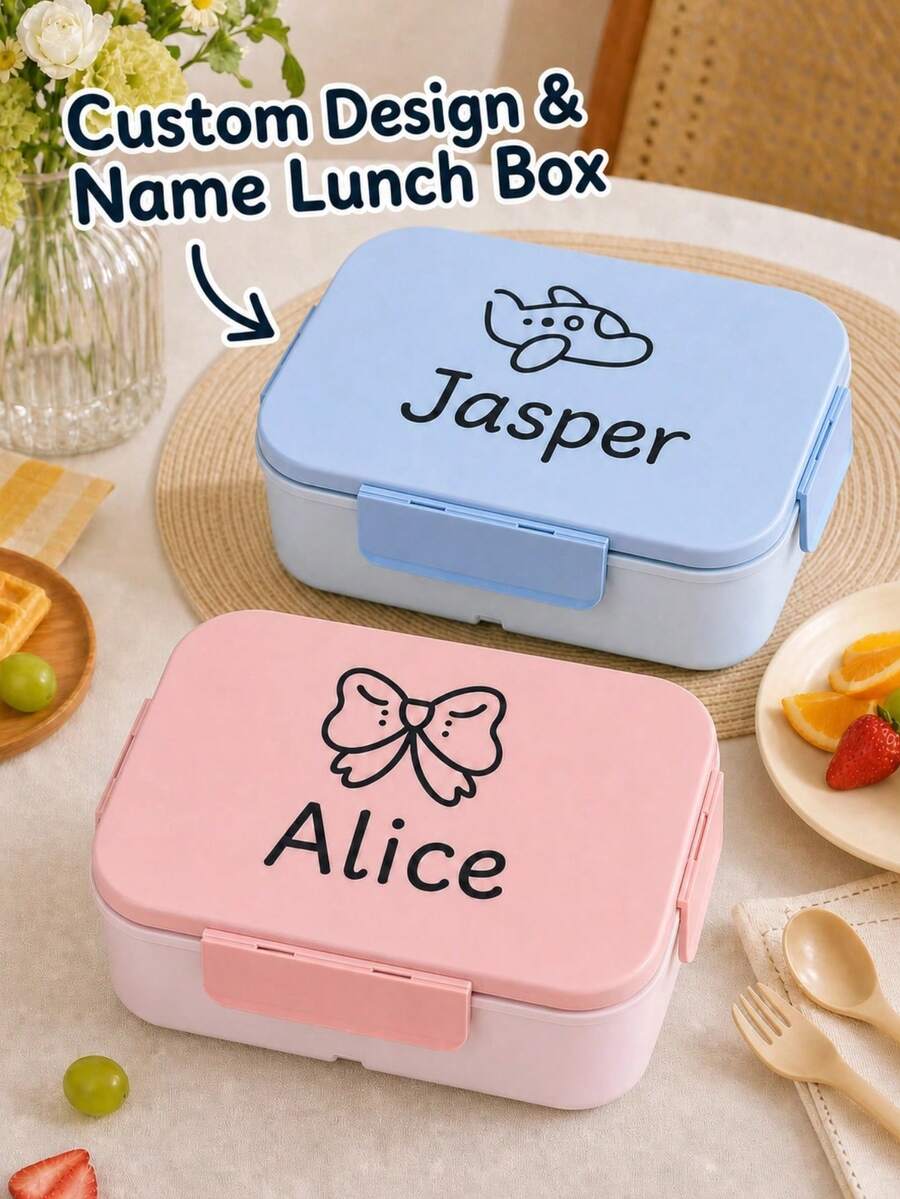 1pc Customized Name Bento Box 3-Compartment Lunch Box With Fork And Spoon Leak-Proof Back To School Children Teenager Student Birthday Gift - Multi-color Style 2 - View 1