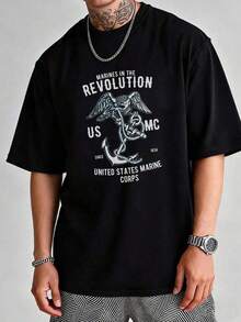 US Graphic T-Shirt 100% Cotton 180 G/M² Crew Neck Breathable Regular Fit Summer - 黑色 - 查看 1