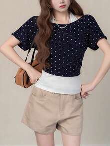 Kaos Wanita Lengan Pendek Musim Panas Terbaru dengan Leher Halter Patchwork dan Atasan Polkadot, Potongan Acak - Navy Blue - View 4