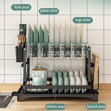 LÈRFM [MXBTG]Rejilla de drenaje para encimera de cocina con escurridor, rejilla grande para verduras de 2 niveles y juego de escurridor con escurridor para cubiertos, rejilla para platos sobre el fregadero, rejilla para platos pequeña, rejilla para platos de 2 niveles con escurridor. negro - S - Ver 5