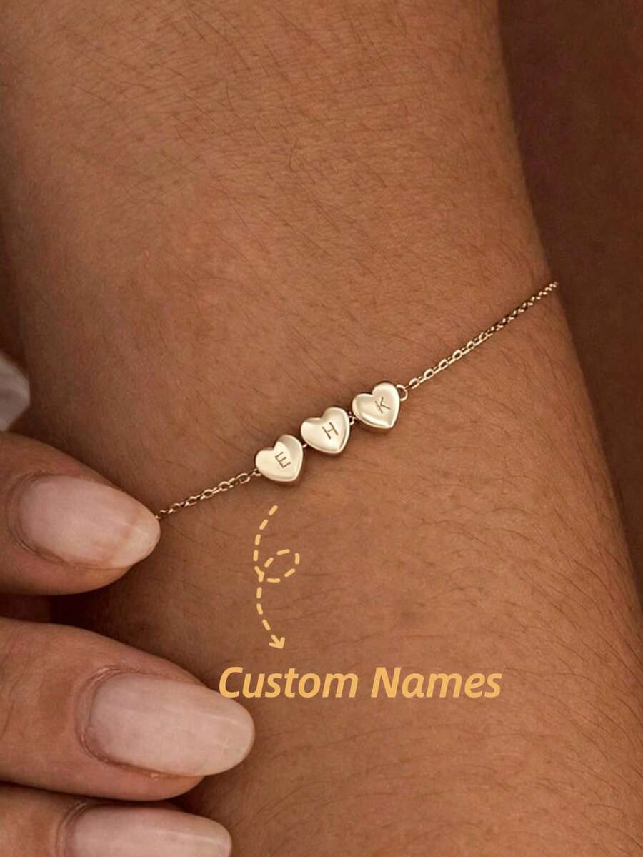 Bracelet personnalisé avec pendentif cœur initial 3D, bracelet lettre or personnalisé, bijoux d'été, bracelet pour femme, bracelet familial, bracelet femme, cadeau personnalisé, cadeau fête des mères, accessoire de plage pour femme - Doré - Voir 1