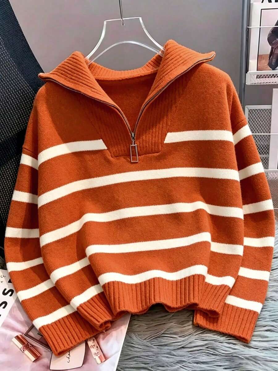 Autumn/Winter New Zipper Women Striped Knit Sweater, Fashion Minimalist Pullover, Versatile - Orange - View 1