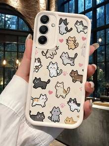 1pc Black Background Pixel Art Cartoon Cat & Heart Paw Print Pattern Phone Case, Black Leather Frame Shockproof Soft TPU Protective Cover, Compatible With GALAXY, HONOR, Phones - White - View 1