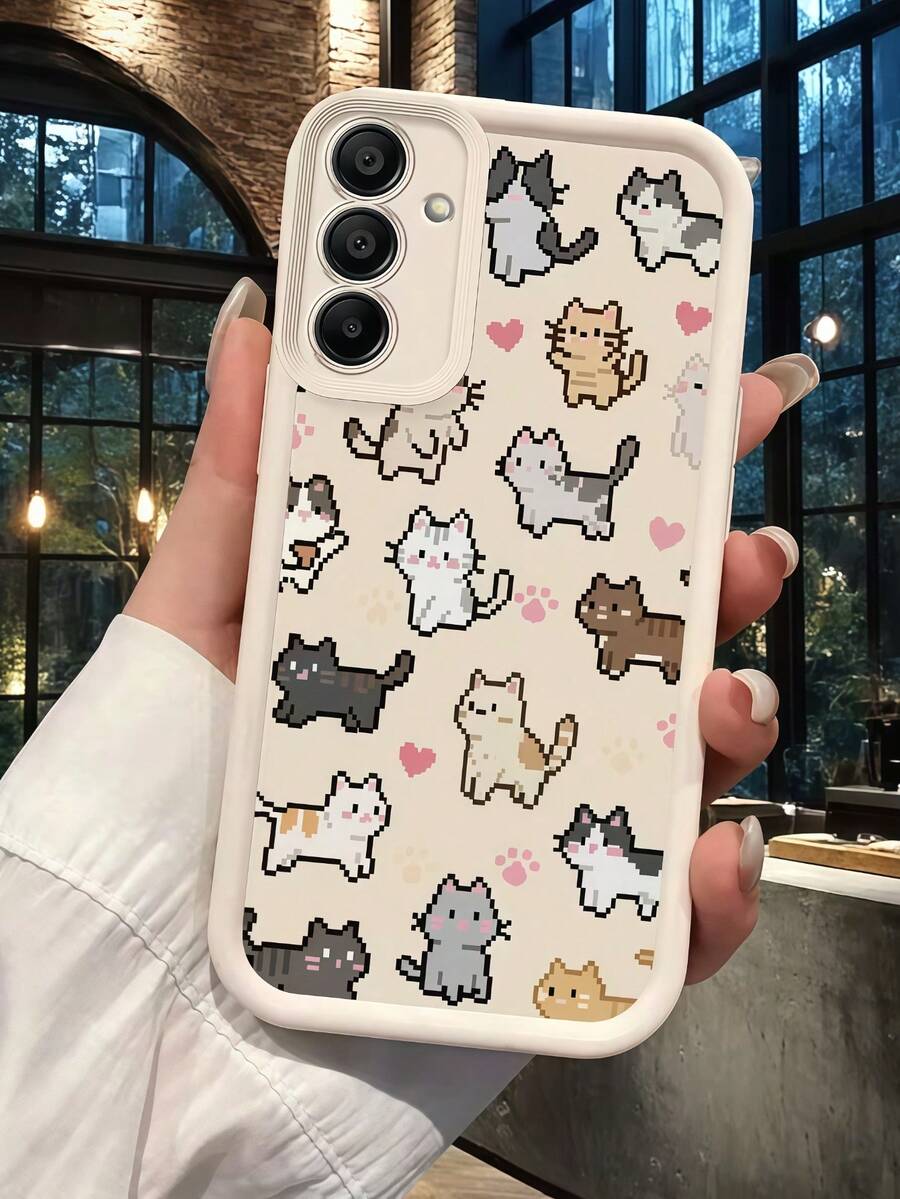 1pc Black Background Pixel Art Cartoon Cat & Heart Paw Print Pattern Phone Case, Black Leather Frame Shockproof Soft TPU Protective Cover, Compatible With GALAXY, HONOR, Phones - White - View 1