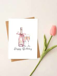 1張生日卡片附信封－「Happy Birthday」粉色香檳優雅祝福卡，適合女性、朋友與女友，派對生日禮物，內頁空白 - A - 查看 3