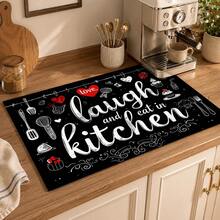 1件裝黑色「Laugh And Eat In Kitchen」字母印花廚房檯面墊，吸水快乾防滑矽藻土排水墊，咖啡機墊與碗盤瀝水墊 - 彩色 - 查看 3
