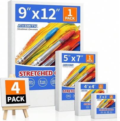 FIXSMITH Stretched Canvas For Painting, 3"X3", 4"X4", 5"X7", 9"X12", Pack Of 4, Pre-Primed Canvases Wood Framed