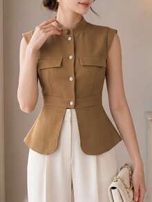 Chaqueta chaleco de uso diario versátil y casual de unicolor para mujer - Café integral - Ver 3