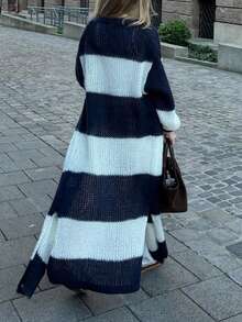 Live To Mo Women's Color Block Striped Hollow Out Long Knit Cardigan, Lantern Sleeve Long Sweater Jacket, Suitable For Autumn Back To School, Daily Casual Outings - Blue and White Stripes - View 5