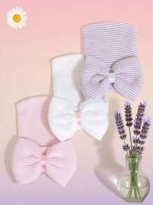 YIYIQCSJ 3pcs Baby Newborn Hat Set Striped Pattern Bow Decor Cute Beanie Soft Suitable For Baby Girls Boys 0-3 Months - Multicolor - View 1