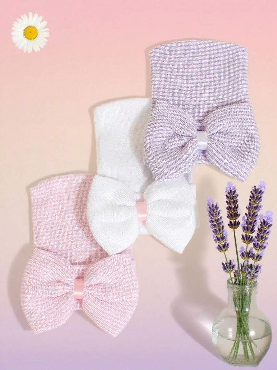 YIYIQCSJ 3pcs Baby Newborn Hat Set Striped Pattern Bow Decor Cute Beanie Soft Suitable For Baby Girls Boys 0-3 Months - Multicolor - View 1