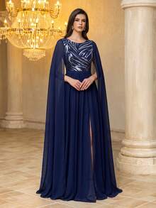 UNITHORSE Women's Sequin Design Round Neck Cape Sleeve Slit Hem Elegant Evening Gown Dress - Navy Blue - View 3