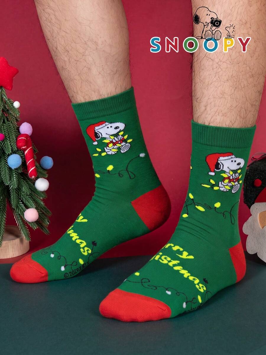 1/3 Pairs Snoopy Socks Men's Autumn/Winter Green Christmas Mid-Calf Sports Socks, Cute Cartoon Pattern Unique Snoopy Halloween Socks - Multicolor - View 1