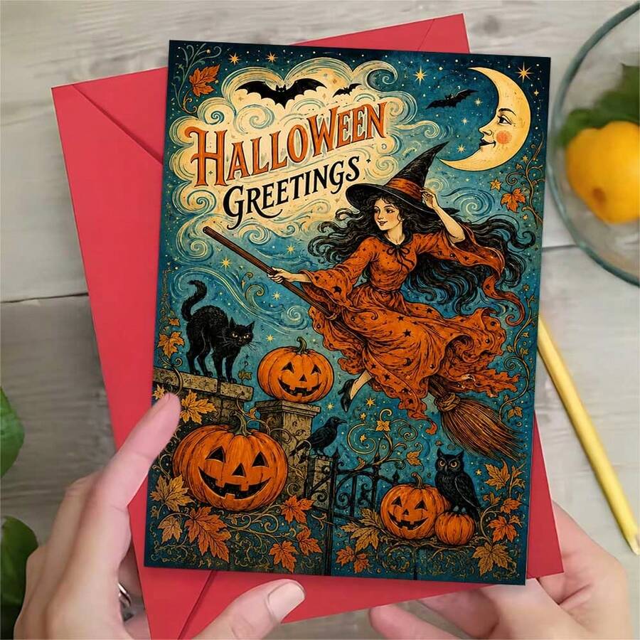 1 Greeting Card + 1 Envelope Mystical Halloween Greeting Card, Witch Flying On Broomstick "Halloween Greetings", Perfect For Friends, Spooky Autumn Vintage Art Style. - View 1