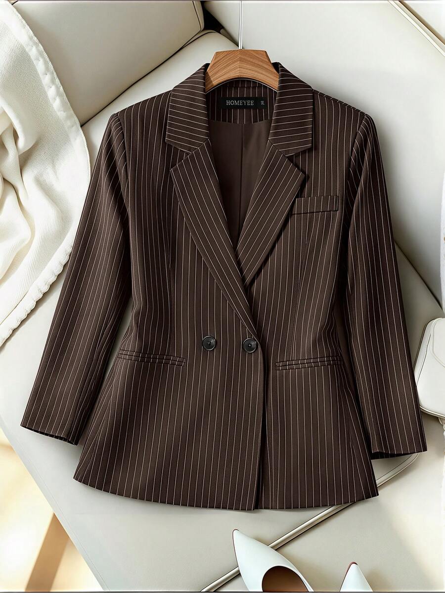 HOMEYEE Elegant Plus Size Women's Pinstripe Blazer, Lapel Double-Breasted Design, Long Sleeve, Perfect Choice For Autumn/Winter Workplace Outfit - Brown - View 1