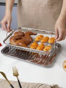 1pc/2pcs 13 Inch Stainless Steel Wavy Bottom Baking Pan + Double Handle Square Baking Rack Set, Air Fryer Oven Accessories For French Fries And Chicken, Home Food Draining Baking Tray, Frying Filter Rack - A - View 1