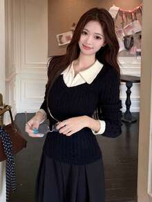 Women's 2 In 1 Casual Versatile Daily Wear Knit Top - Black - View 3