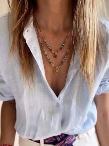 2pcs/Set Bohemian Tiger Eye Bead Layered Necklace Set, Vintage Brown Leather Cord Heart & Round Disc Pendant Necklace, Women's Y2K Style Jewelry Gift - Multicolor - View 2