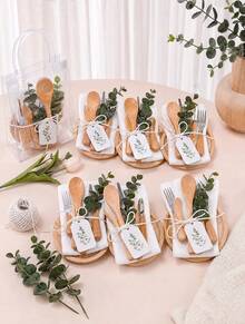 55Pcs Gift Sets 6 Sets Bamboo Charcuterie Board Spoon Butter Knife Fork Towel Artificial Eucalyptus Clear Gift Bag Thank You Tag Gender Reveal Newborn Party Guest Favors - View 12