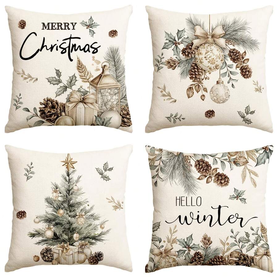 4pcs Christmas Tree Pillow Cover - Green Tree With Gold Decorations ...