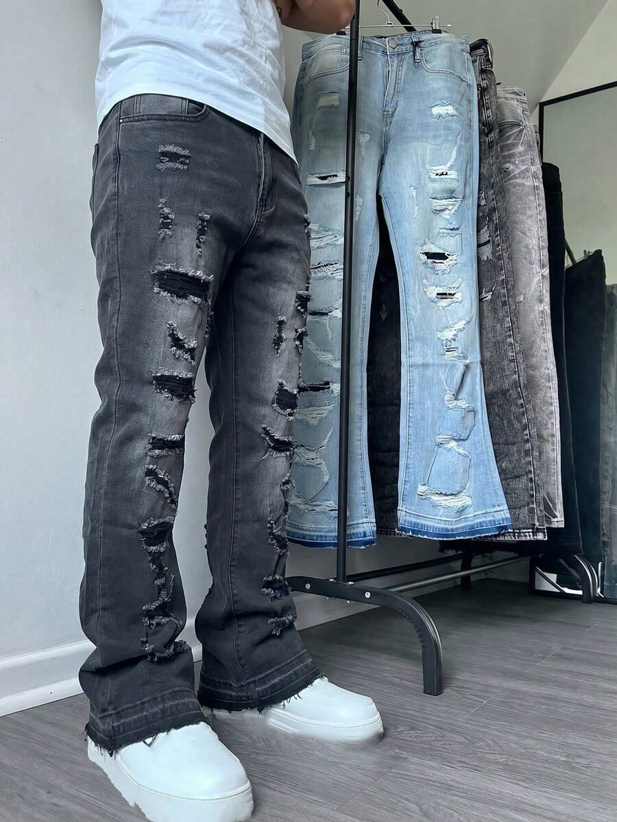 Men's Flared Jeans, Slim Fit Flared Pants, Distressed Patchwork Flared Jeans, Washed Denim Y2K Stacked Pants, Contrast Wash Patchwork Embroidered All-Season Wear