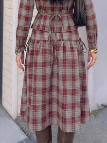 Women's Elegant Red Plaid Woven Maxi Dress - Red - View 4