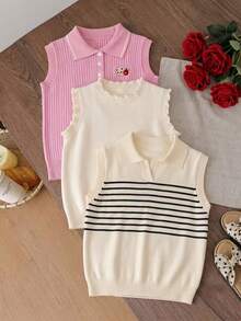 Girls Back To School Academy Style Solid Color Ruffle Round Neck Knit Vest Thin Sleeveless Sweater Vest 3pcs Random 1pc Wearable Camisole Style Suitable For Daily Casual Spring Summer Autumn - Apricot - View 3