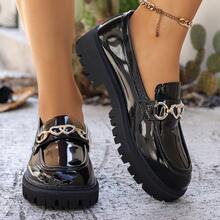Women's Heart Chain Rhinestone Patent Leather Thick Sole Loafers, Height-Increasing Non-Slip Chunky Sole Slip-On Casual Commute Shoes, Preppy Style - Black - View 5