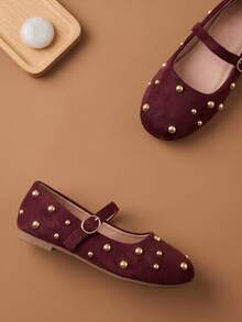 Kids' New Fashion Versatile Gold Bead Decor Flat Shoes - Burgundy - View 5